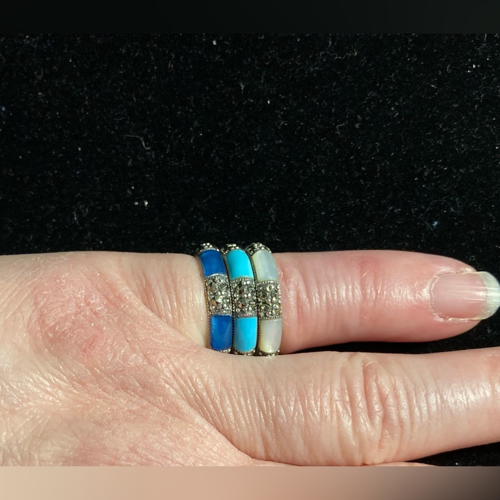 Set of 6 Sterling Silver Marcasite and Gemstone Inlay Band Rings - Picture 4 of 7